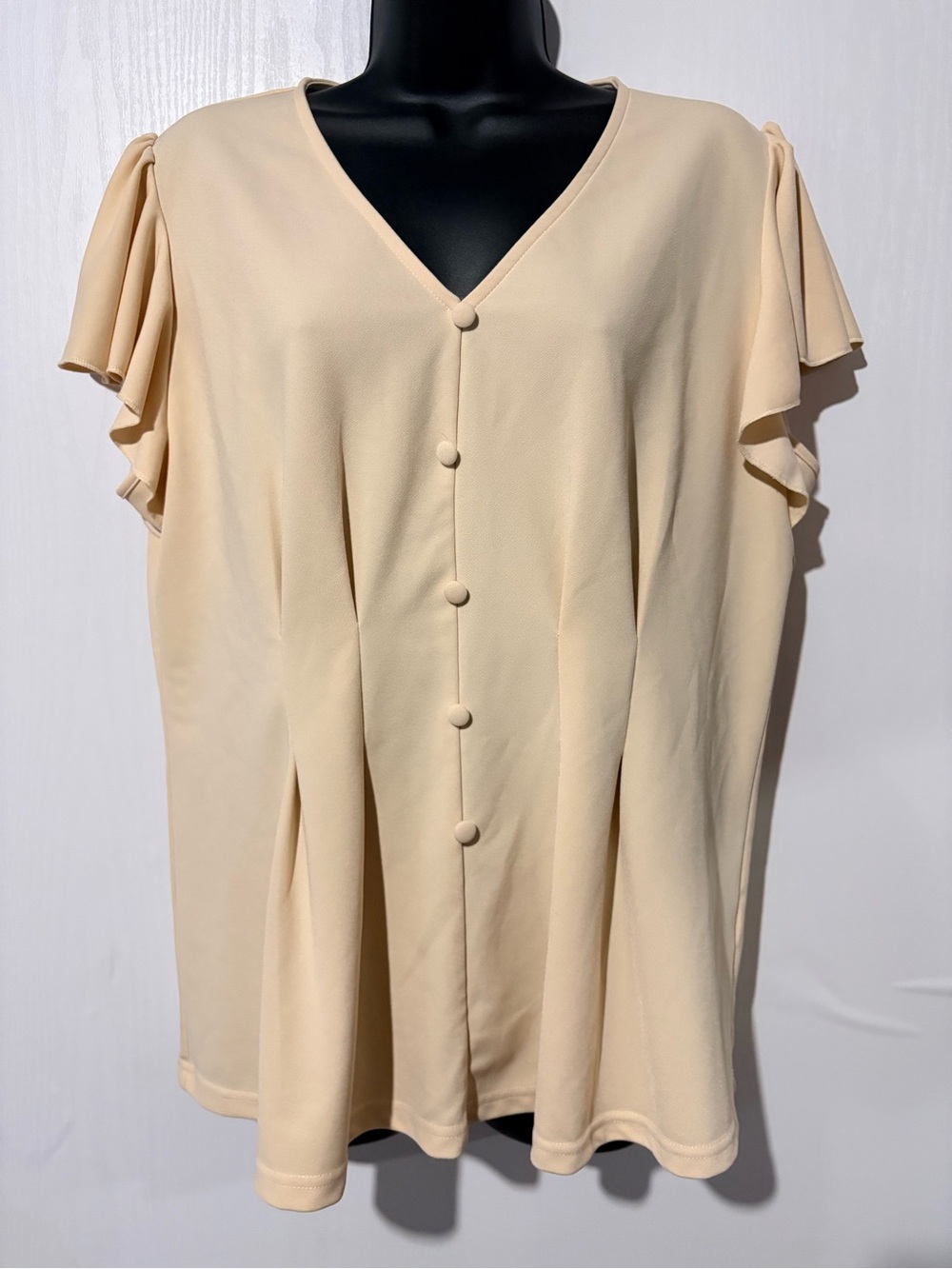 Grace Karin Cream V-Neck Button Front Blouse with Flutter Sleeves